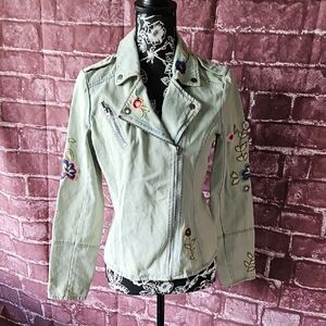 Candie's Denim Embrodered Bohemian Denim Jacket with Structured Moto Silhouette